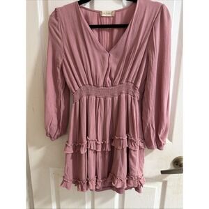 Altar'd State Dusty Rose Ruffled Dress V-Neck Long Sleeve Size Small